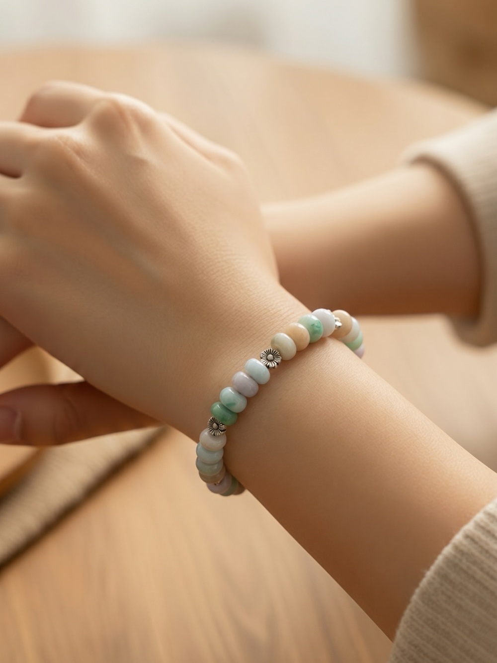 Beaded Pastel Stretch Bracelet with Silver Flower Accents - Women Jewelry